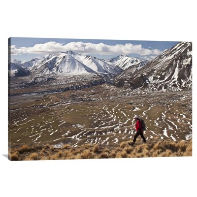 'Hiker Descends Hill of Tussock Grass Above Lake Heron Station, Canterbury, New Zealand' Photographic Print
