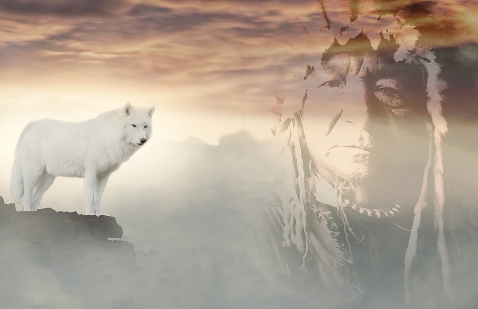 wolf, indians, clouds