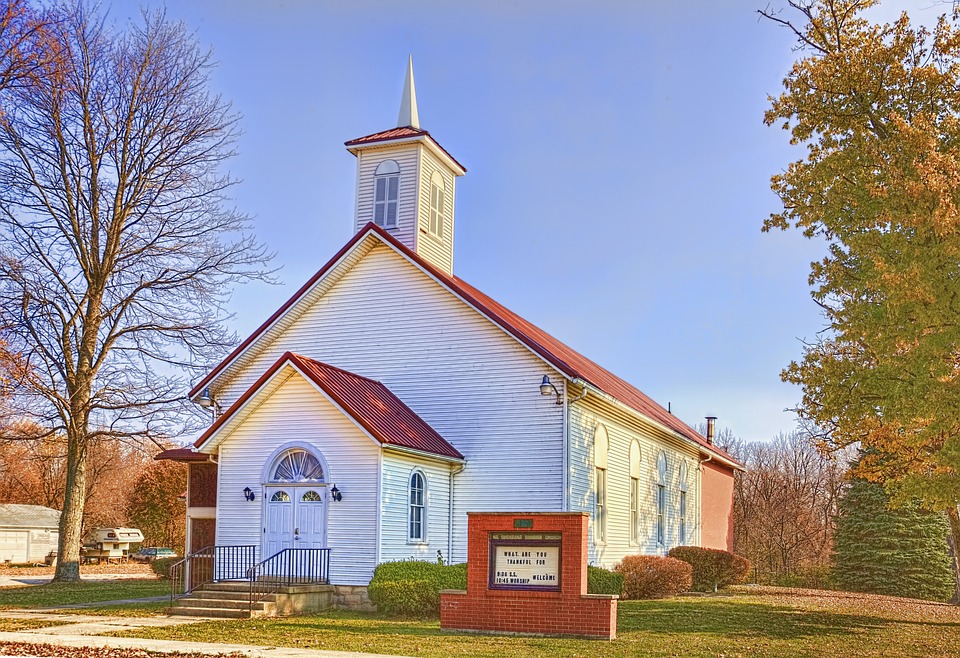 country church, scenery, trees